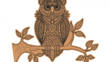 Макет "Декоративная сова, сидящая на ветке шаблон для гравировки"
