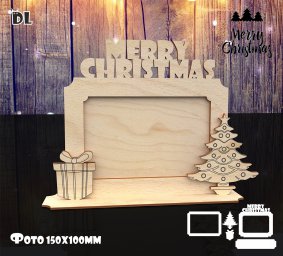Макет "Деревянная фоторамка merry christmas с выгравированным деревом и подарочной коробкой" 0