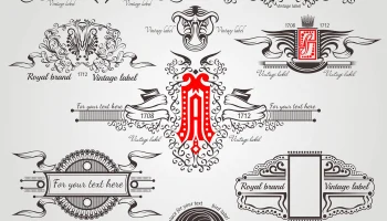 Макет "Винтажные гравировальные баннеры с различными птицами буквы и узоры"
