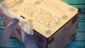 Макет "Новый год 2020 деревянная подарочная коробка снежинка с гравировкой на крышке шаблон"
